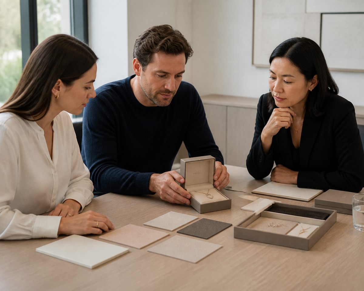 Team reviewing an unbranded jewelry box sample, jewelry piece, and material references.