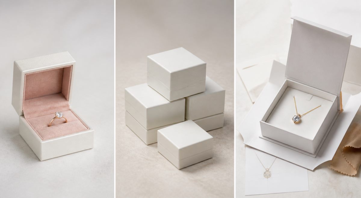 Three unbranded jewelry box sourcing options shown as retail box, bulk pack, and custom sample.