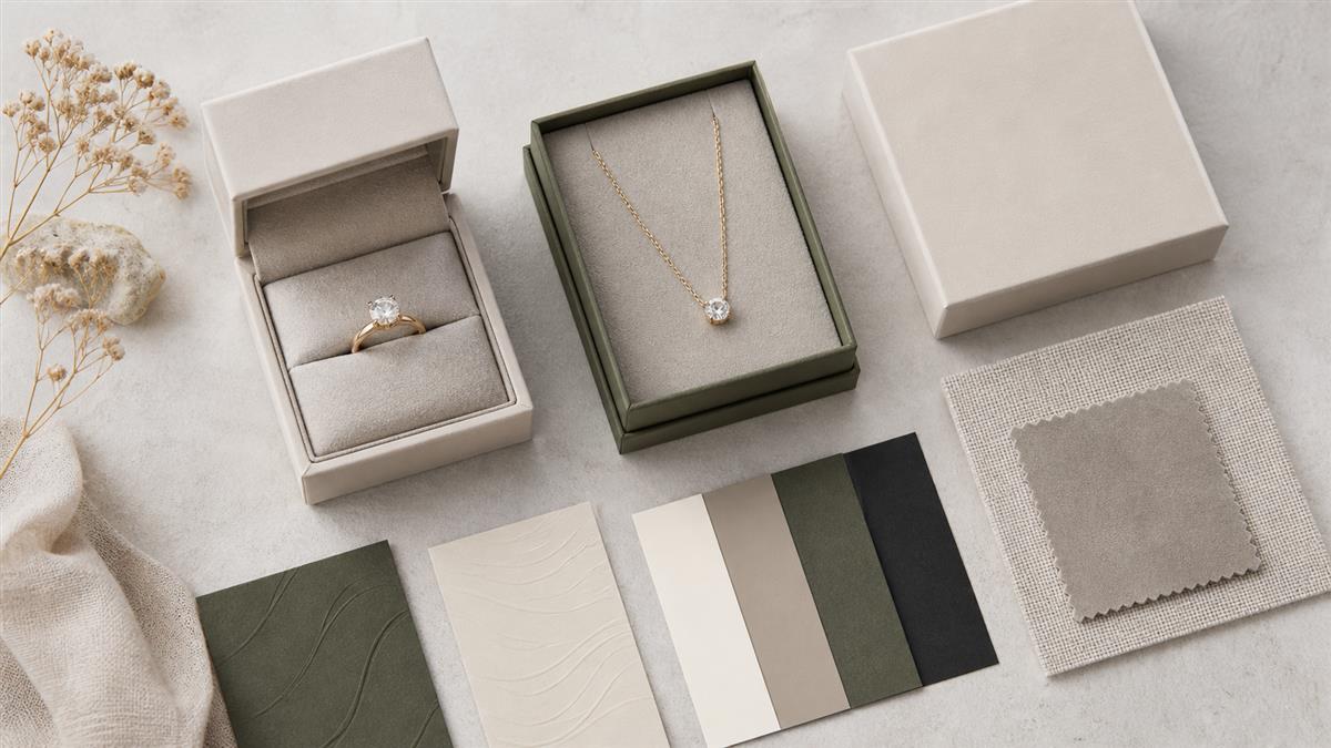 Jewelry box design direction board with coordinated presentation boxes and material samples
