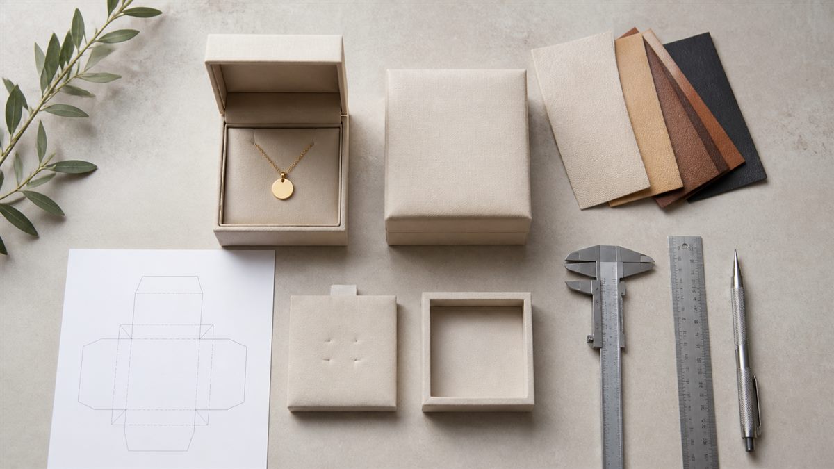 Jewelry box development brief with sample box, product measurements, insert outline, and finish samples