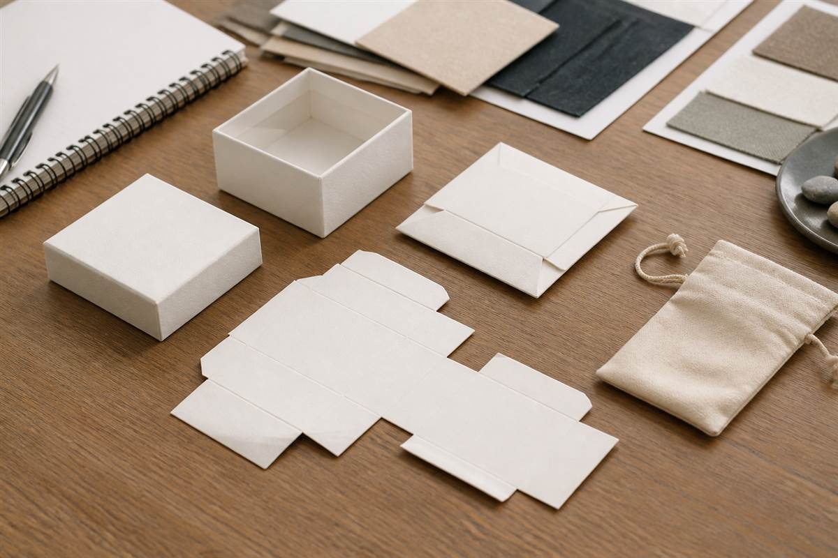 Generic jewelry packaging components arranged for a material review.