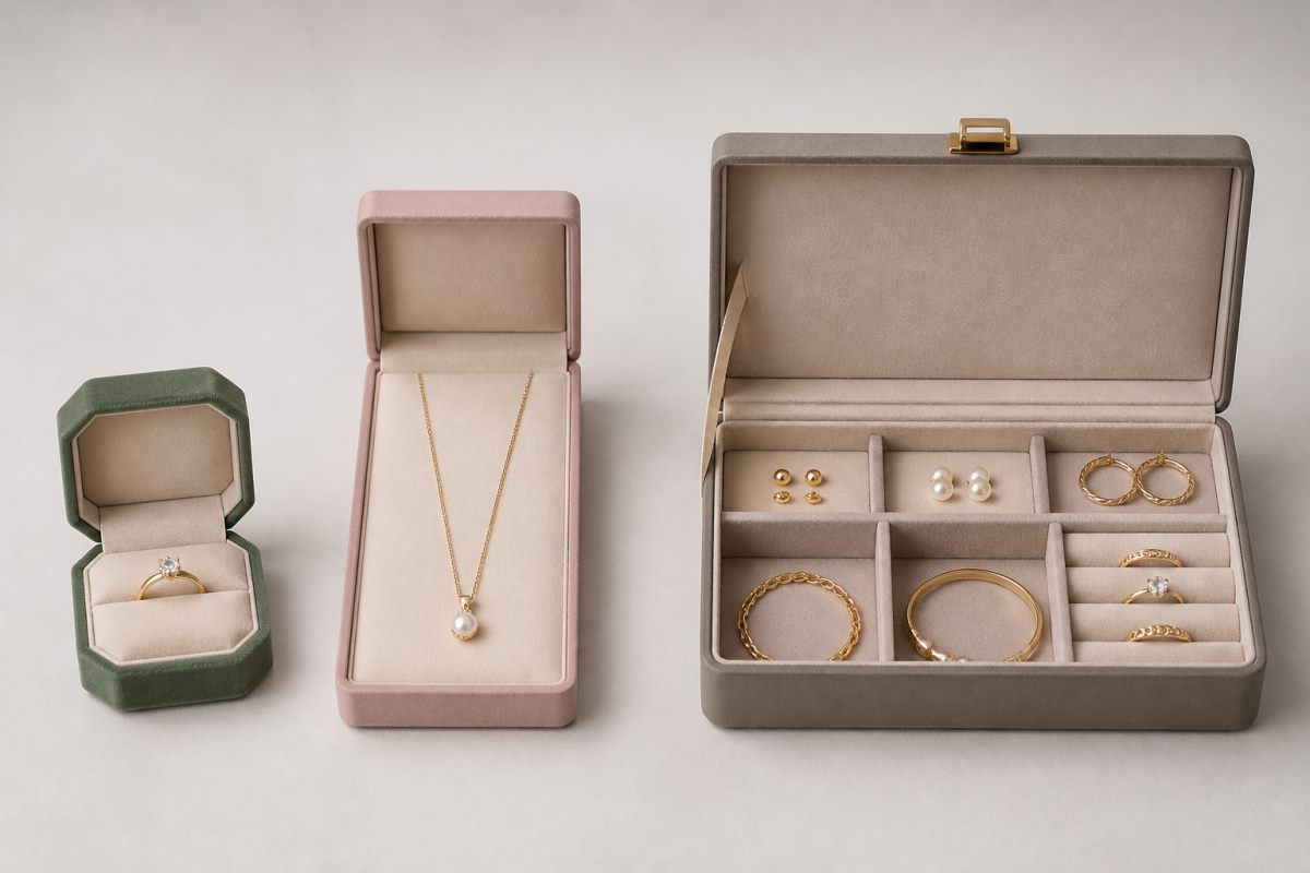 Three unbranded jewelry box formats for rings, necklaces, and collection storage.