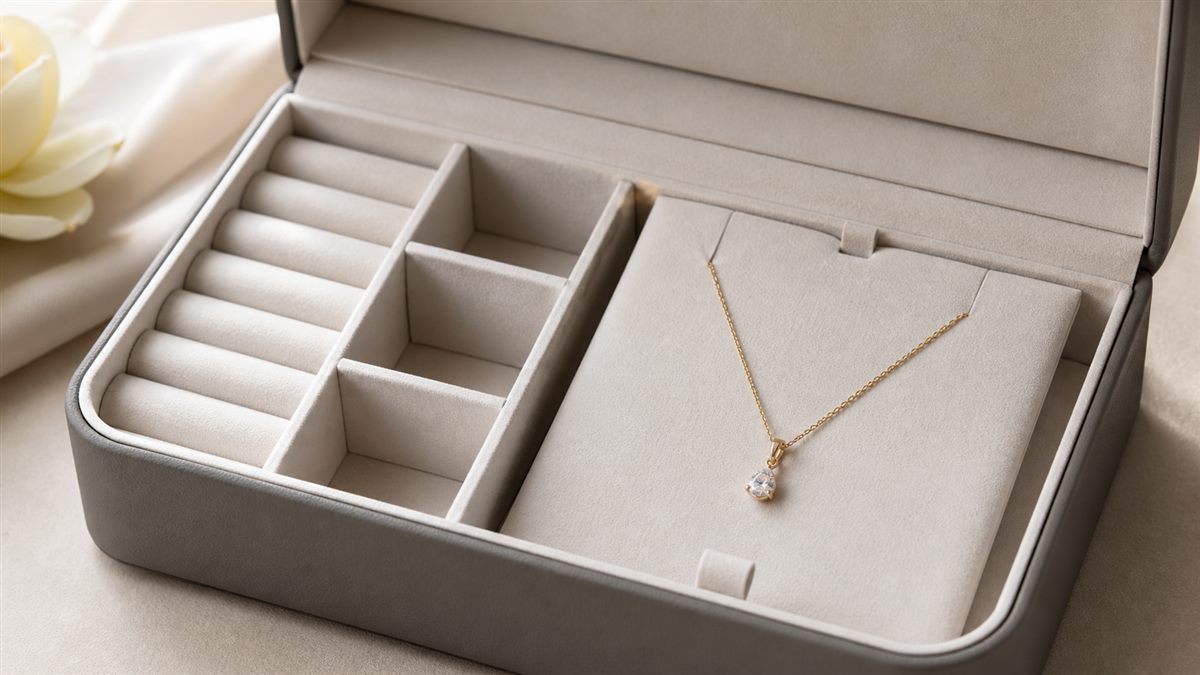 Jewelry box interior with a smooth lined insert and stable dividers