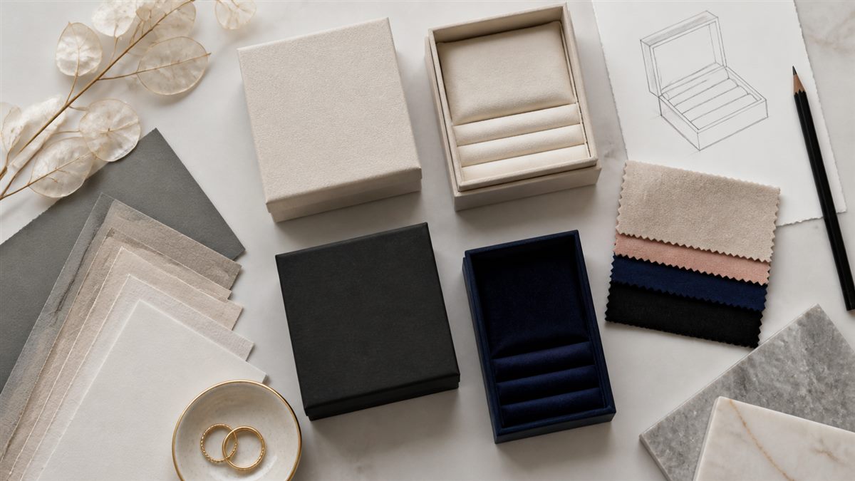 Jewelry box material samples with paper textures and interior swatches
