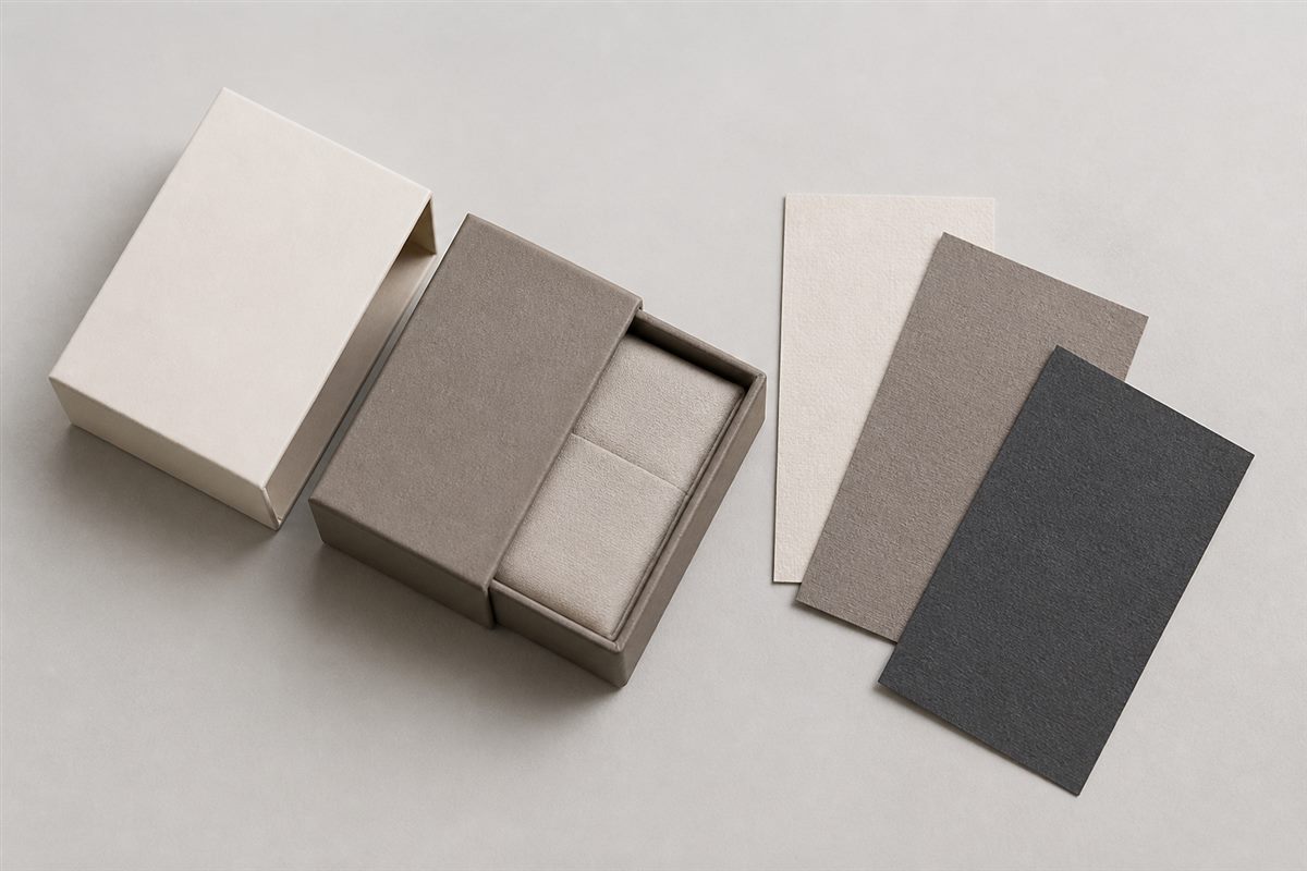 Unbranded jewelry box with paper surface samples for material comparison.