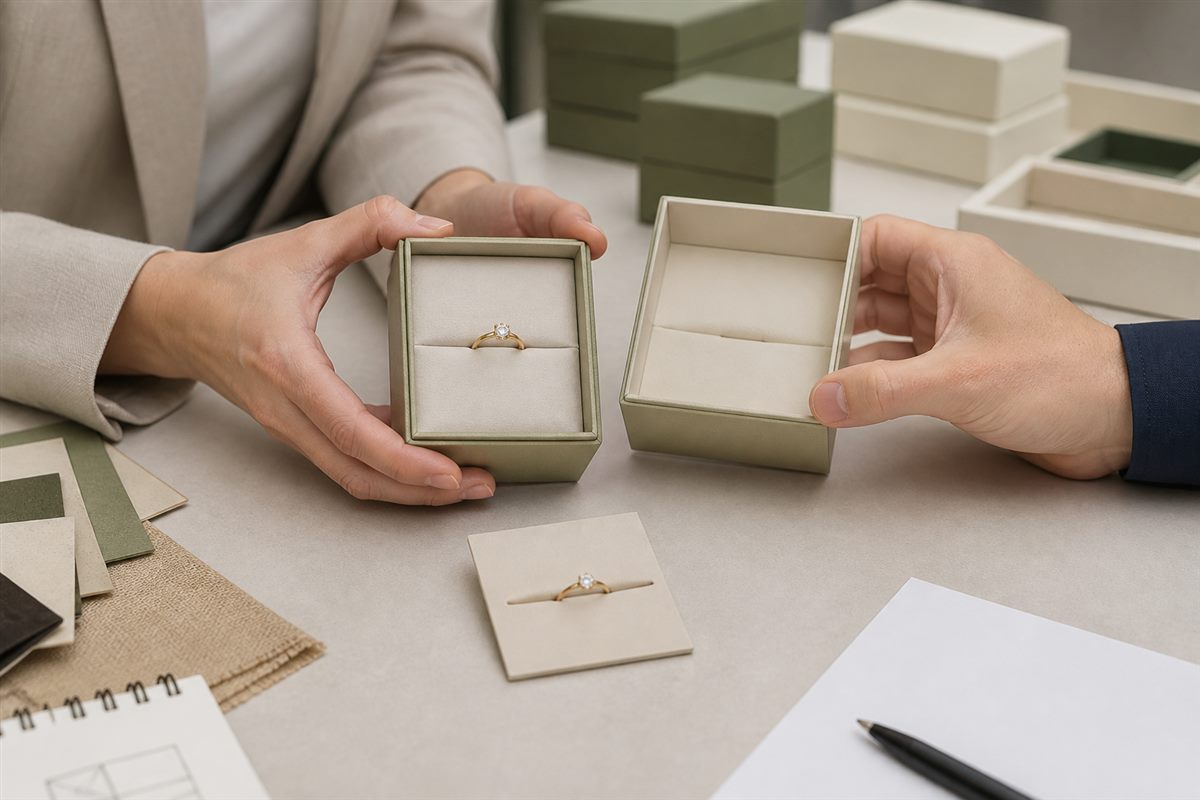 Jewelry packaging sample inspected for insert fit and finish alignment
