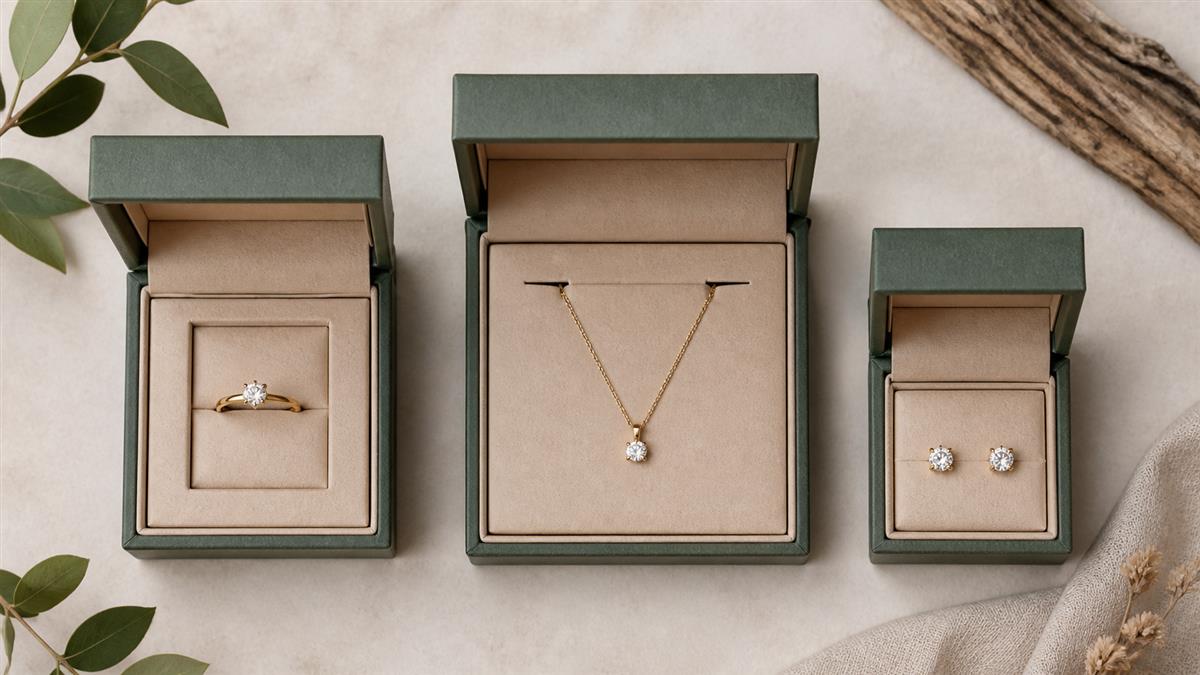Comparison of generic ring, necklace, and earring box formats with inserts.