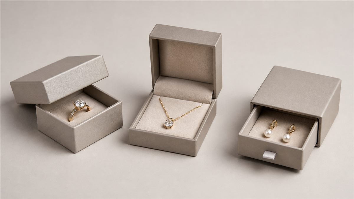 Three jewelry box structure formats shown for different jewelry pieces