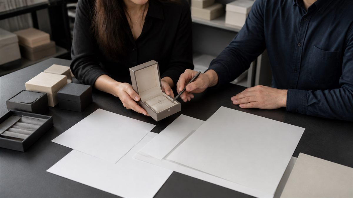 Packaging team reviewing a jewelry box specification and sample