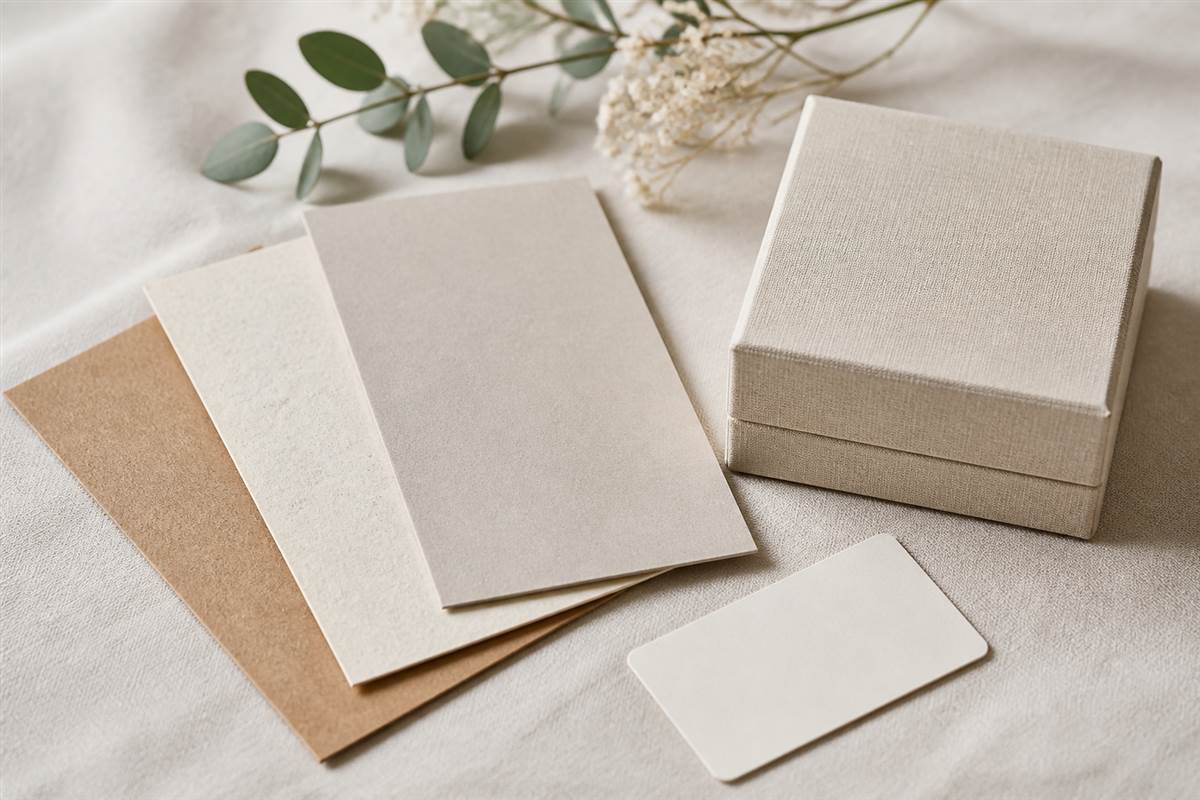 Paper packaging samples and an unbranded jewelry box used for material planning.