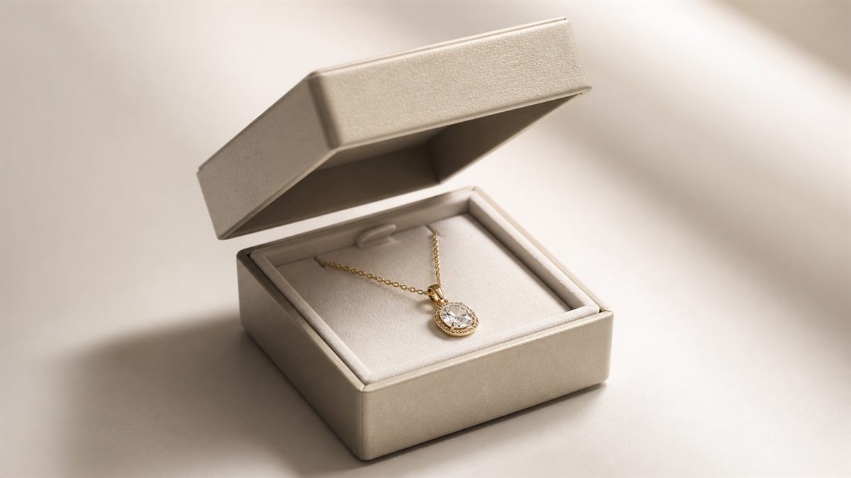 Jewelry box opening sequence revealing a pendant on a fitted insert
