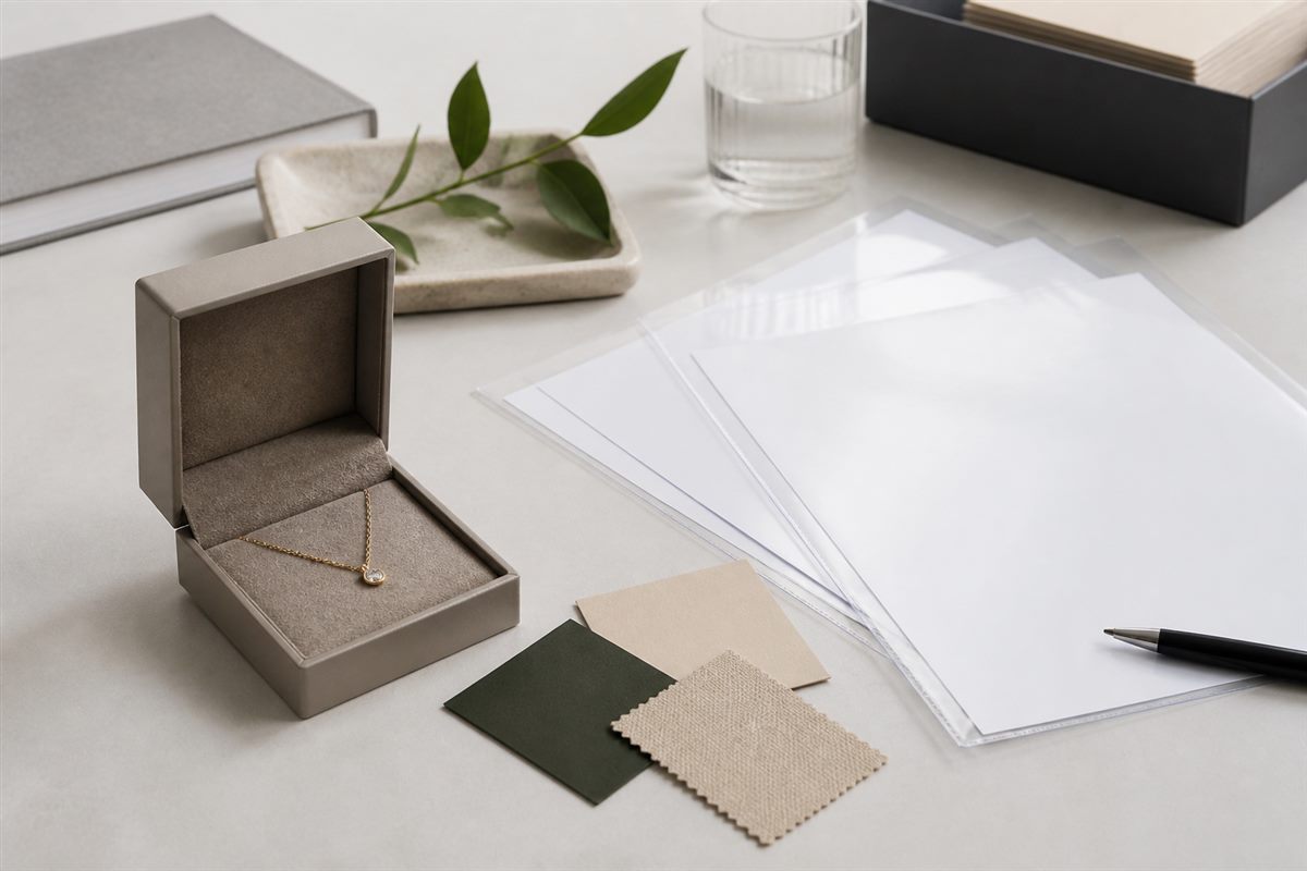 Unbranded jewelry box, material swatches, and blank verification documents.