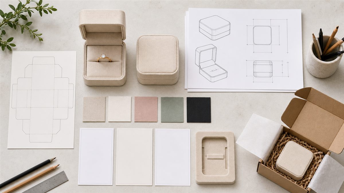 Jewelry packaging supplier brief with box sample, swatches, insert outline, and packing example