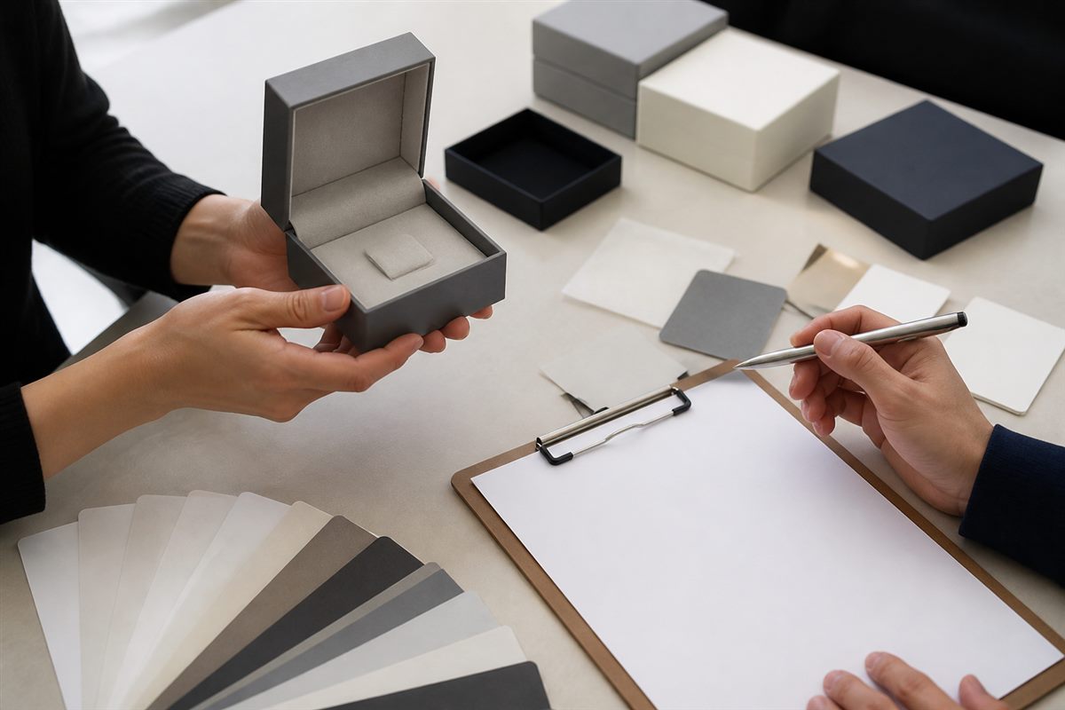 Hands reviewing an unbranded jewelry box sample and material swatches.