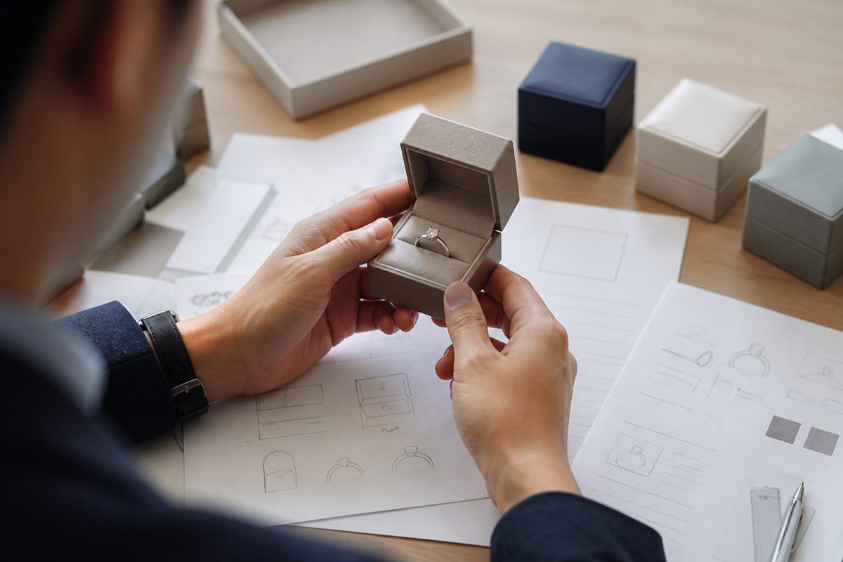 Professional reviewing an unbranded jewelry box sample and product-fit notes.