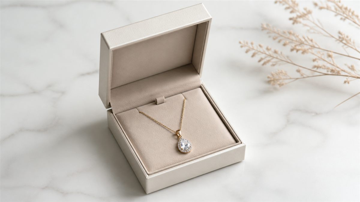 Jewelry presentation box with a pendant positioned neatly in its insert