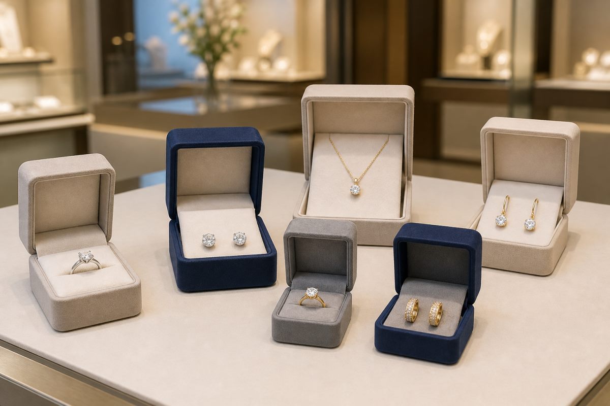 Unbranded jewelry presentation boxes arranged for a retail counter display.