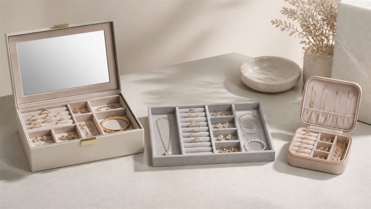 Jewelry box, drawer organizer, and travel case shown as storage format options