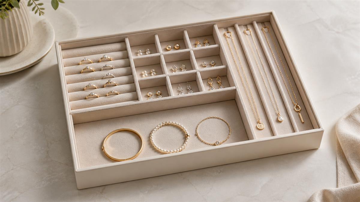 Jewelry storage system with a separate place for rings, earrings, bracelets, and necklaces