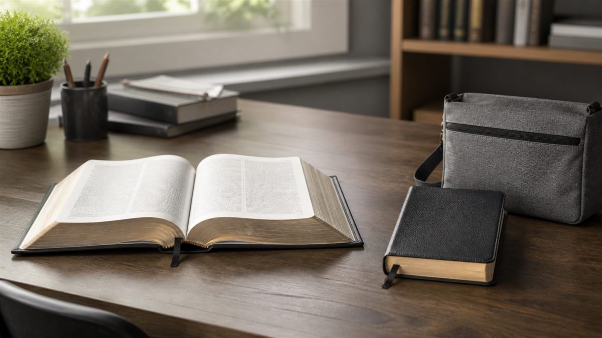 Large-format Bible and slim portable Bible shown side by side