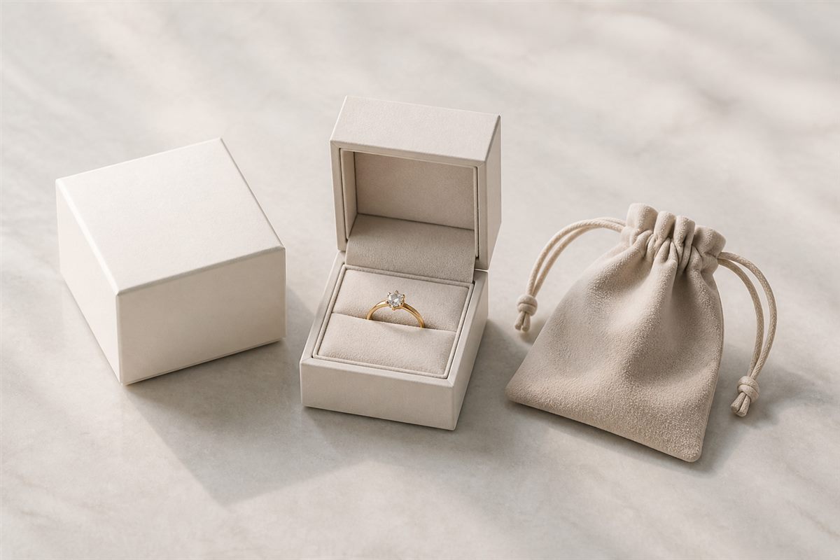Minimal unbranded jewelry box, outer carton, and pouch packaging system.