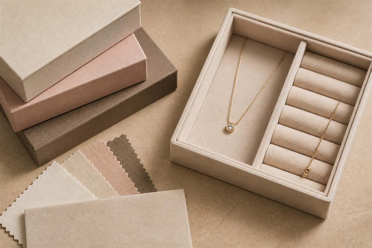 Jewelry box material samples beside an organized necklace compartment
