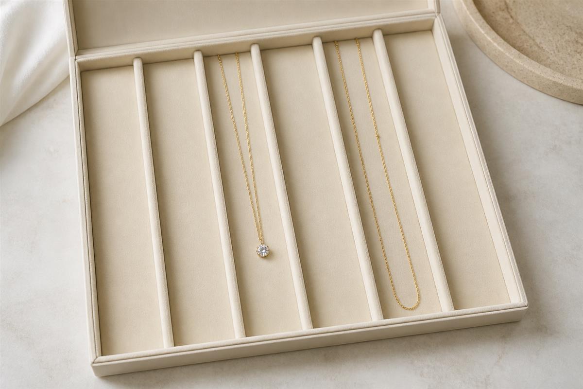 Fine necklaces spaced apart in individual jewelry box channels