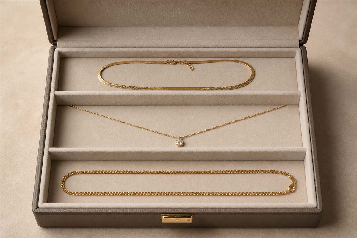 Jewelry box compartments sized for short medium and long necklaces