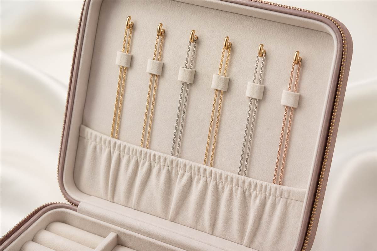 Necklace organizer with hooks retaining tabs and pendant pockets