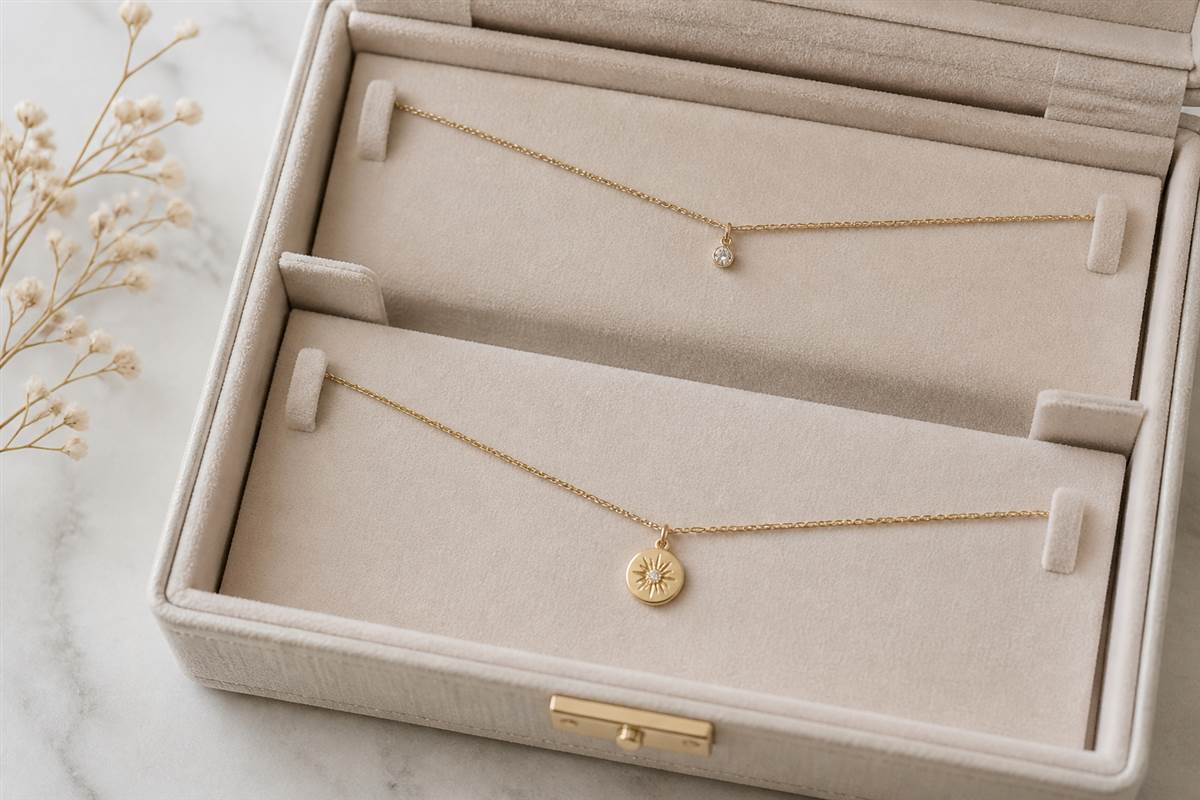Layered necklaces stored separately at different levels in a jewelry box