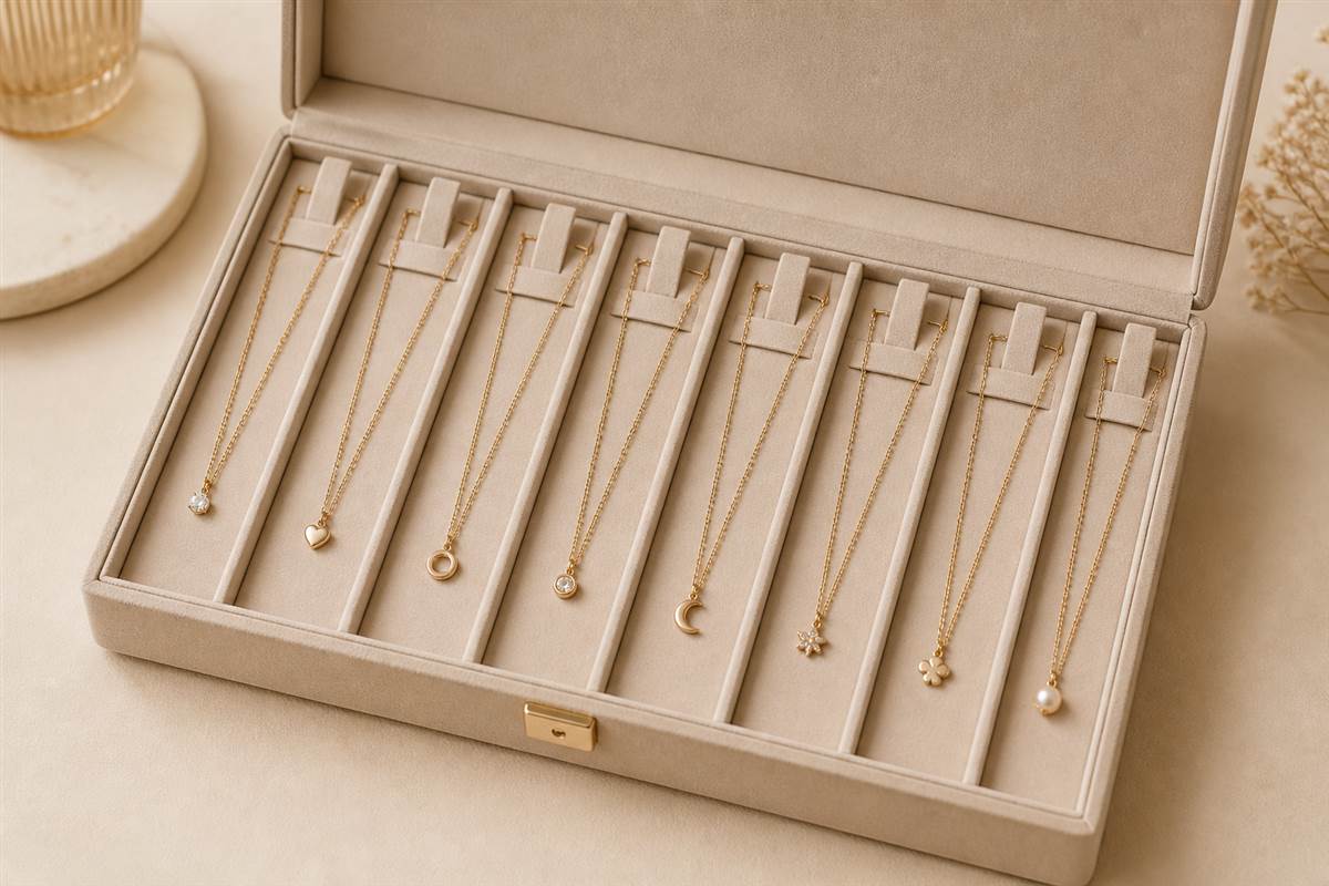 Jewelry box layout with necklaces stored in separate channels