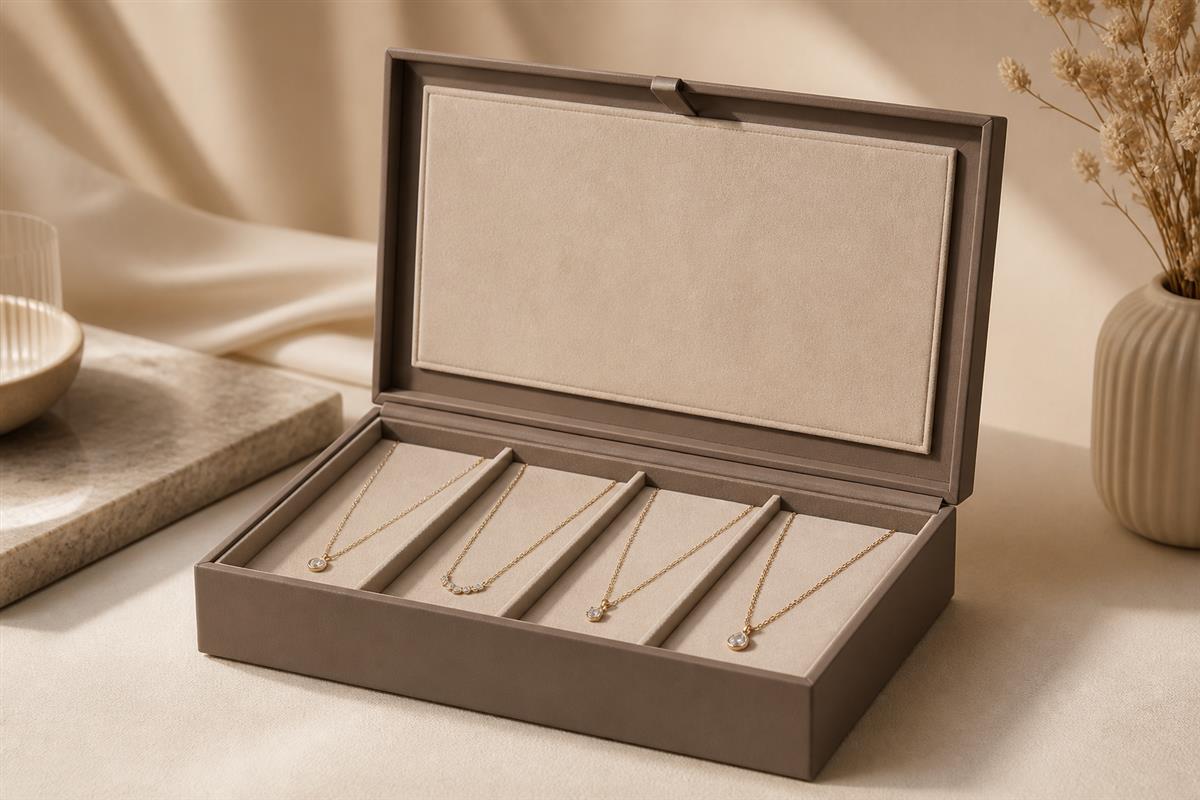 Open jewelry box with divided necklace storage and a protective panel
