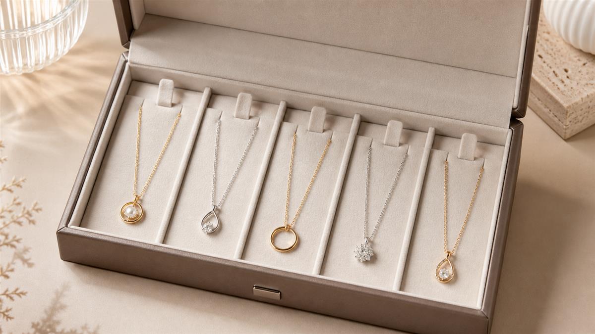 Necklace storage board with individual tabs and channels for separate chains