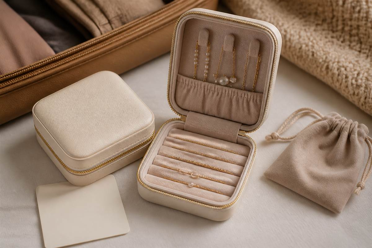 Compact travel jewelry box with necklaces secured for transport