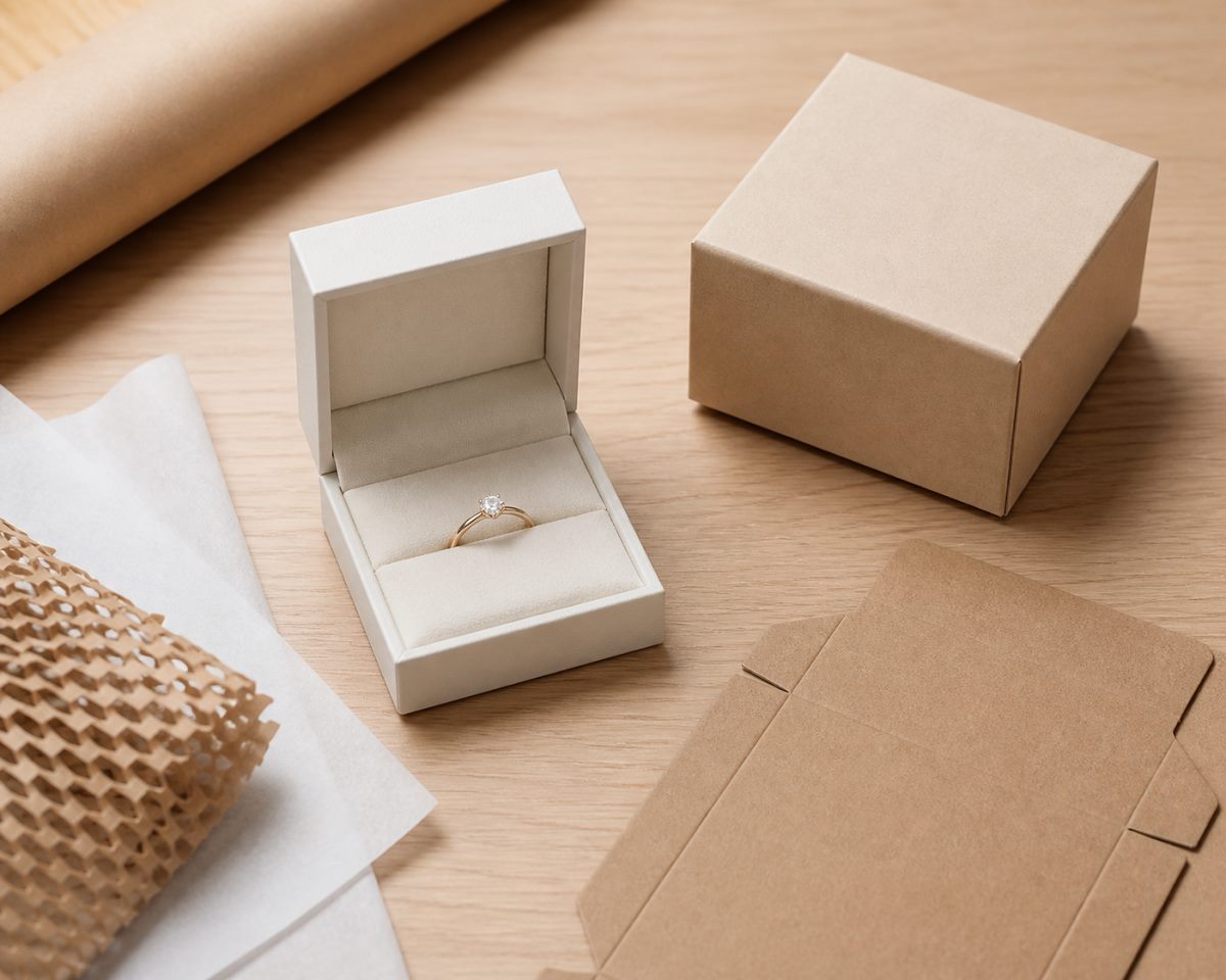 Unbranded jewelry presentation box prepared beside simple outer packing materials.