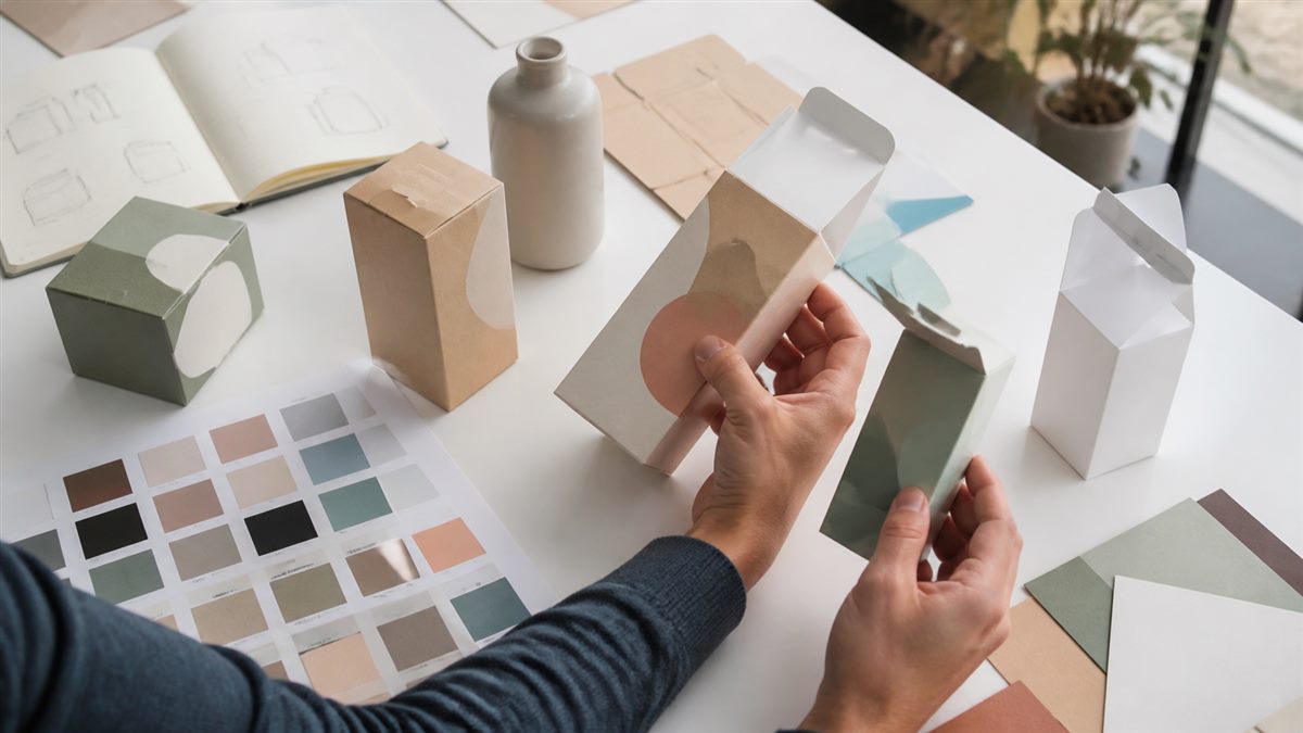 Packaging samples and color swatches during a packaging design brief review