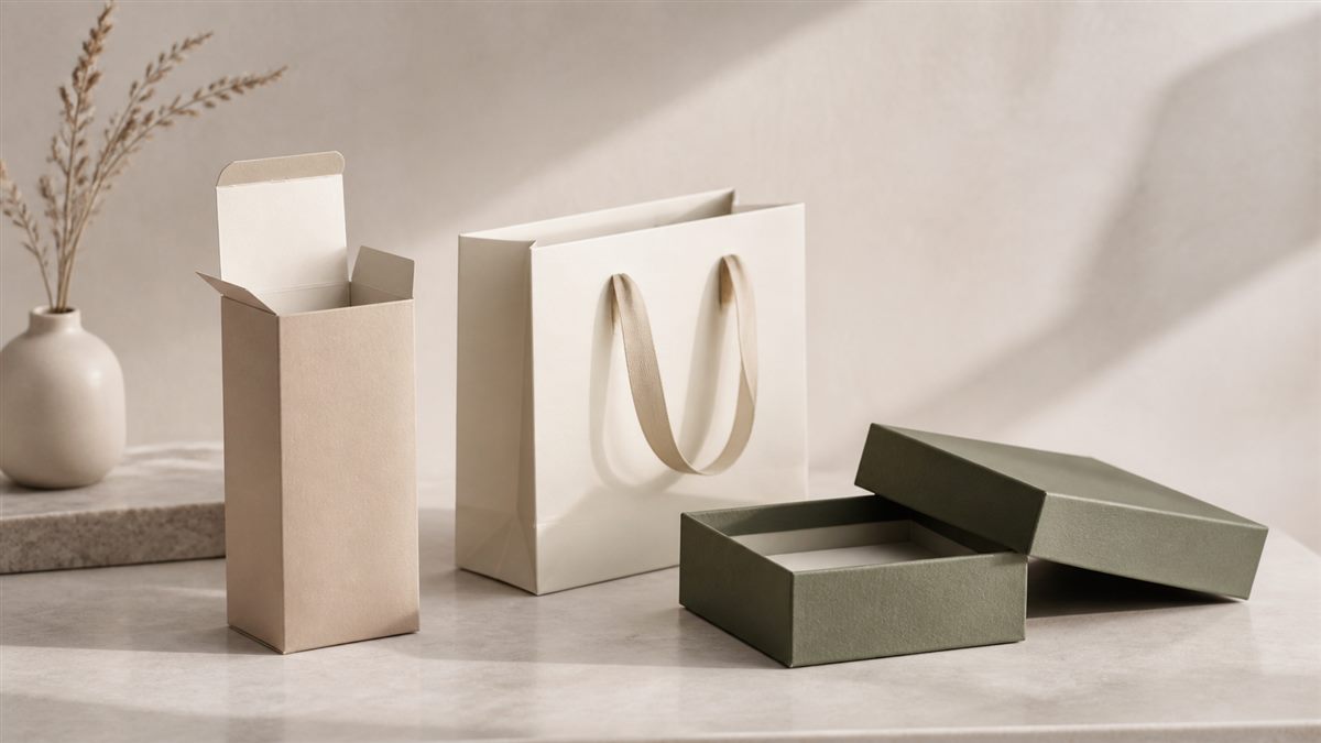 Packaging design elements across cartons, a rigid box, and a paper bag