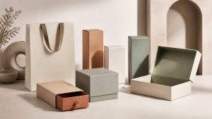 Packaging design collection with custom cartons, rigid box, and paper bag