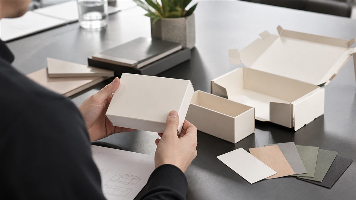 Physical packaging mockups reviewed on a design table