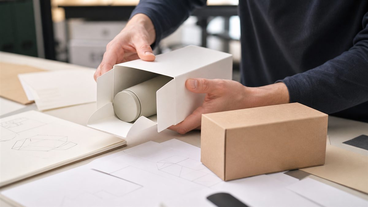 Hands testing the opening and product access of a folding carton