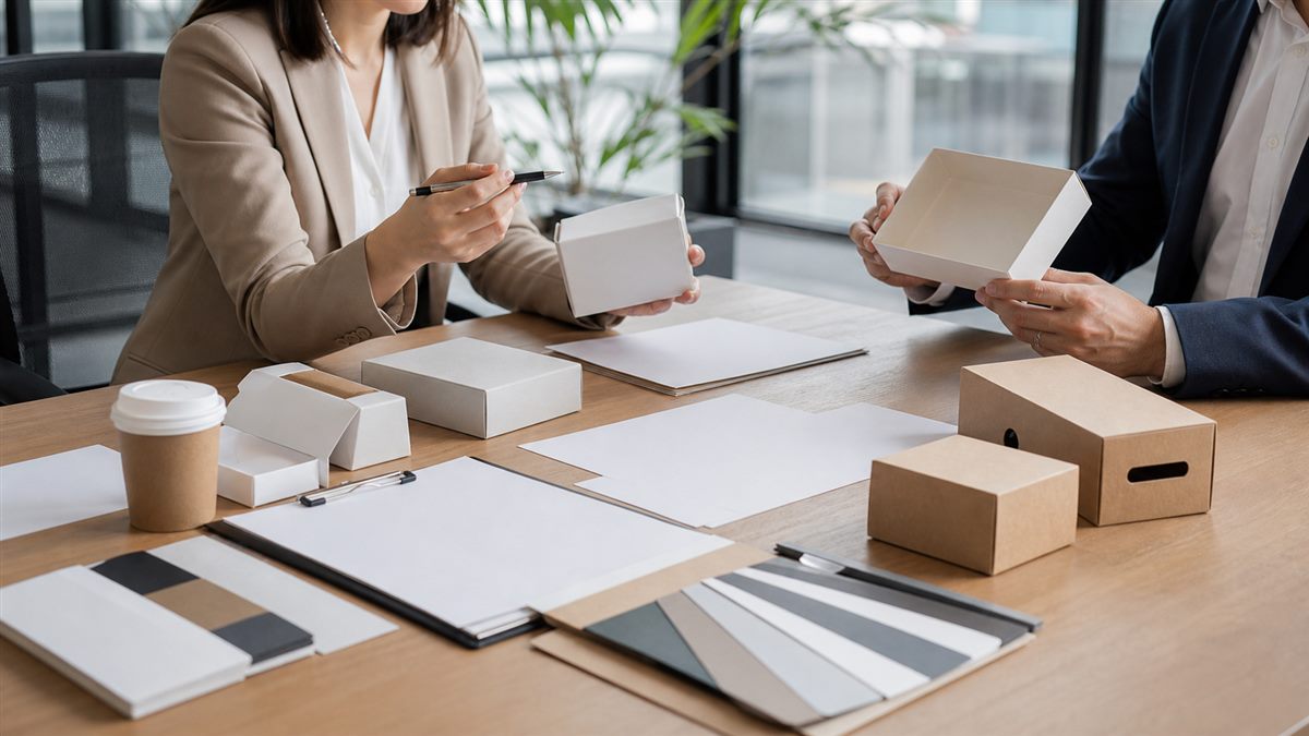 Business team reviewing packaging samples and material swatches