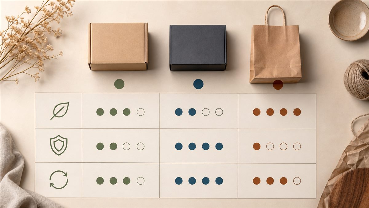 Qualitative packaging decision visual comparing cartons, rigid boxes, and paper bags