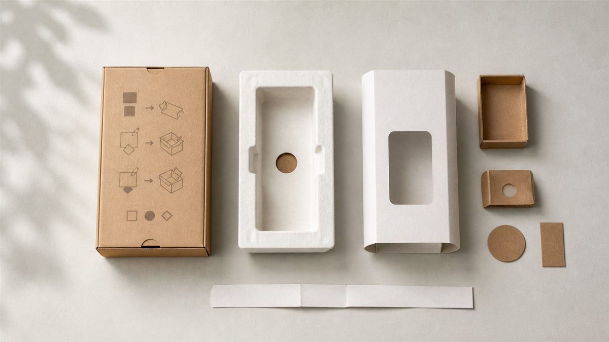 Packaging components with clear separation and disposal instruction icons on a carton