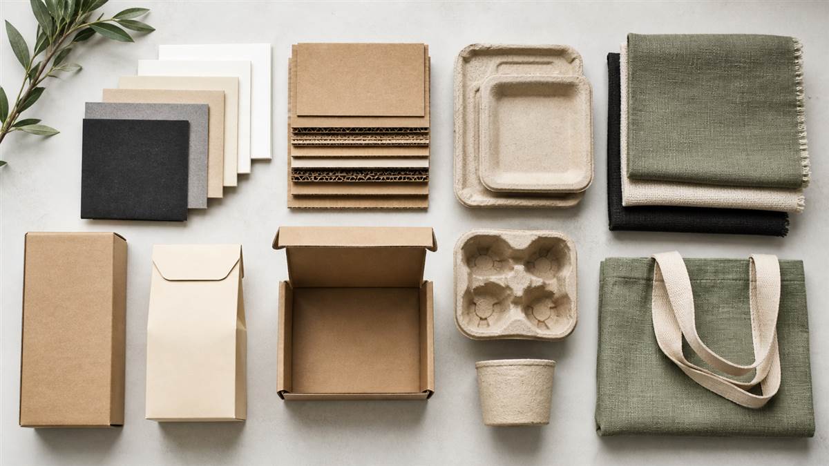 Paperboard, corrugated paper, molded fiber, and reusable textile packaging material samples