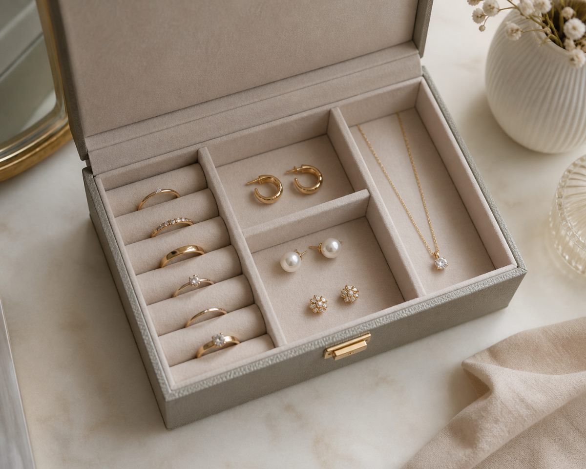 Unbranded personal jewelry storage box with organized rings, earrings, and necklace positions.