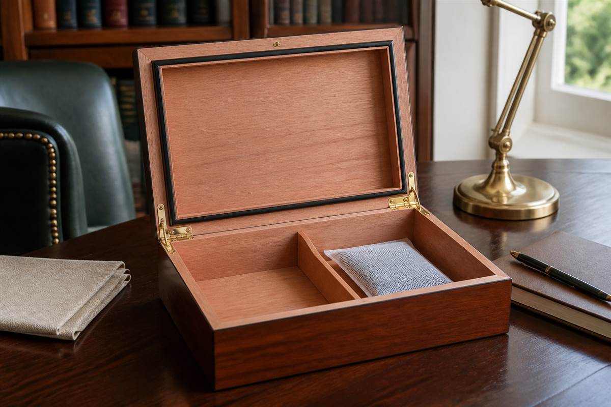 New wooden cigar humidor prepared with a plain humidity-conditioning pouch.