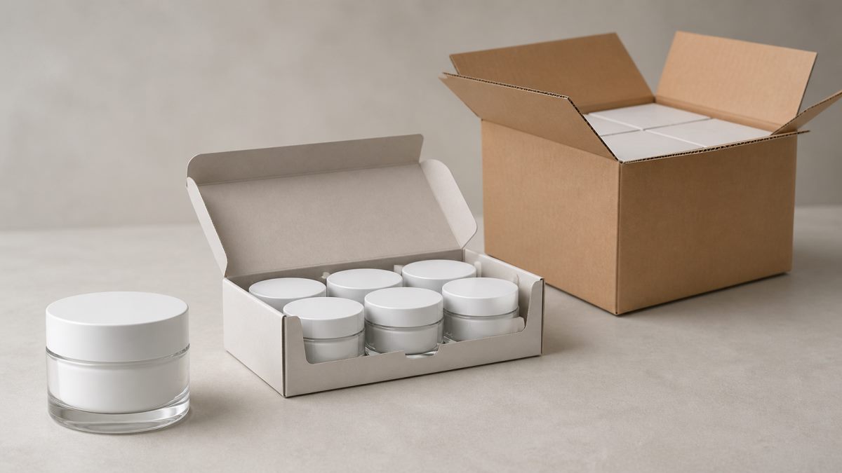 Primary packaging and secondary packaging layers shown around a cosmetic jar