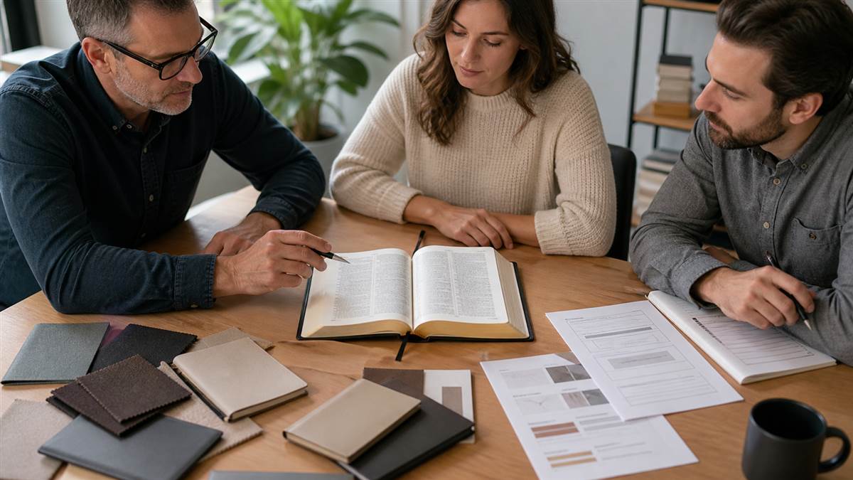 Publishing team reviewing an unbranded readable Bible layout and production brief