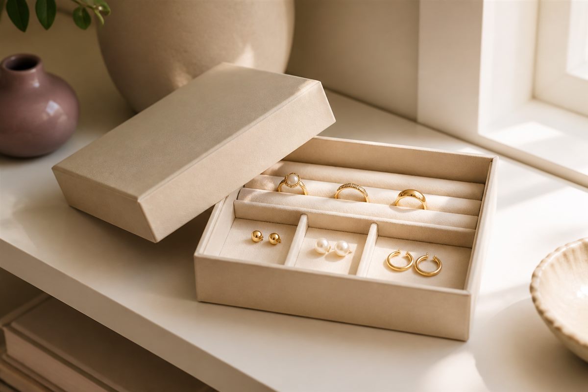 Unbranded jewelry box used as a neat home storage organizer.