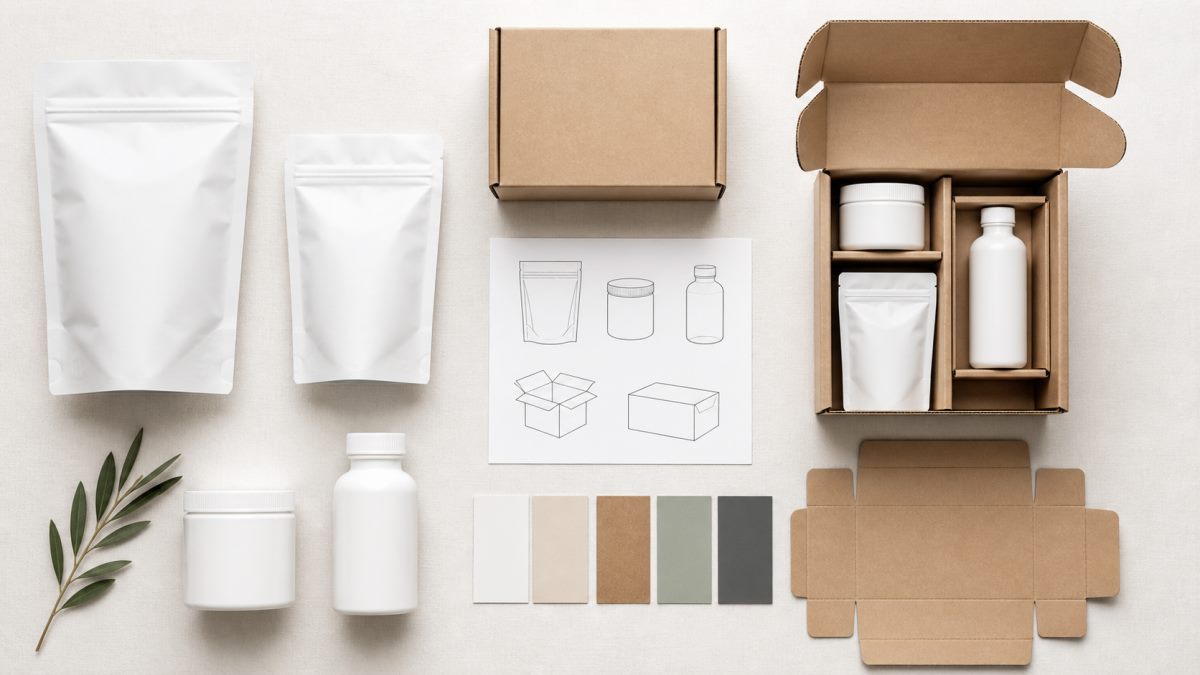 Secondary packaging development brief with product packs carton sample and packing layout